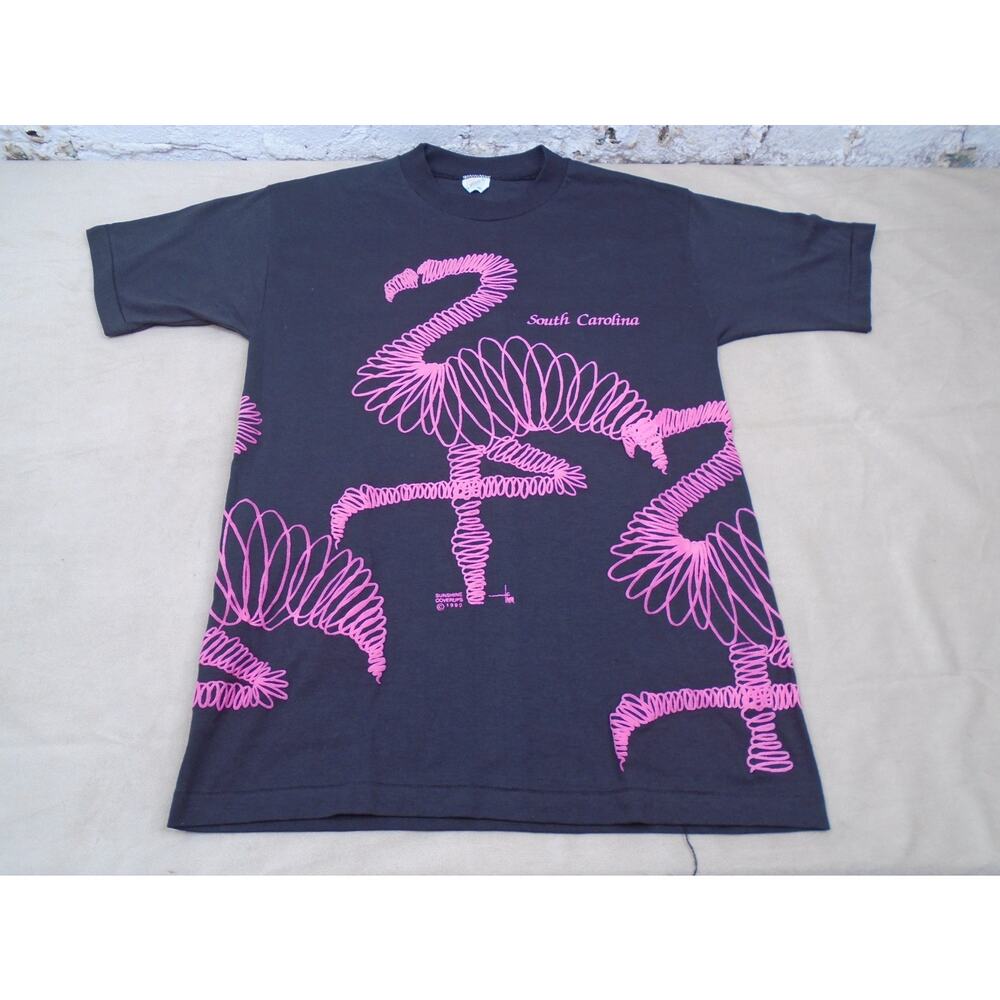 Vintage 90s Flamingos Puffy Print Wrap Around All Over Print T Shirt Black M